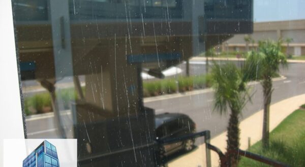 Closeup of scratches throughout tempered laminated hurricane window in biloxi MS