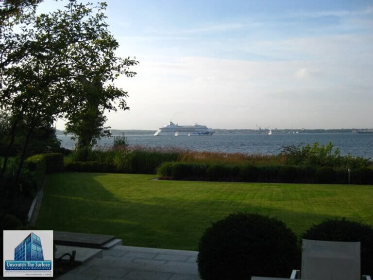 Glass Resurfacing Germany - Custom Waterfront Home Cruise ship passes by Kiel, Germany while we were getting scratches out of glass.