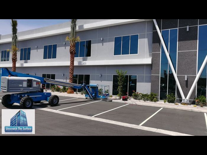 All glass scratch removal on this Las Vegas, NV project was on second floor, requiring boom lift.