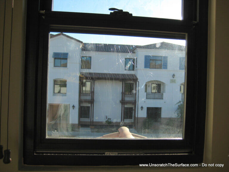 Fabrication Debris Scratch Removal | Remove 100% of Fines This is how a window looks from fabrication debris scratches. Palm Springs, CA