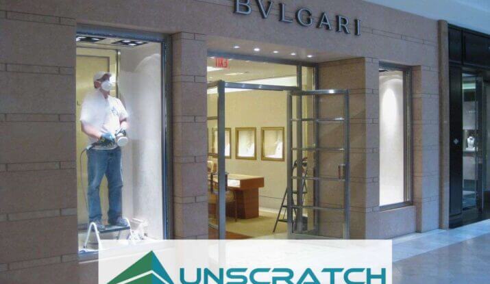 Glass scratch remover at Bulgari store. South Coast Plaza, Orange County, CA.