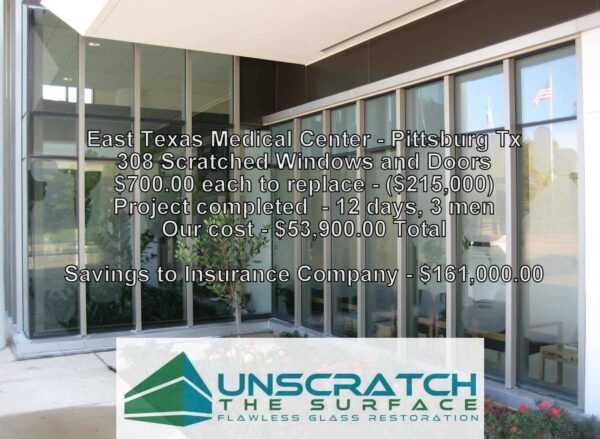Pittsburg TX glass scratch repair case study - saved $161K vs replacement 308 panels