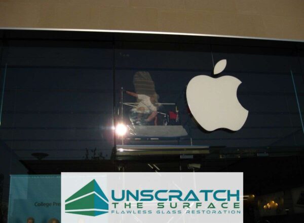 Removing tempered glass scratches Apple storefront Yonkers NY Tempered glass restoration being performed at Apple store in Yonkers, NY.