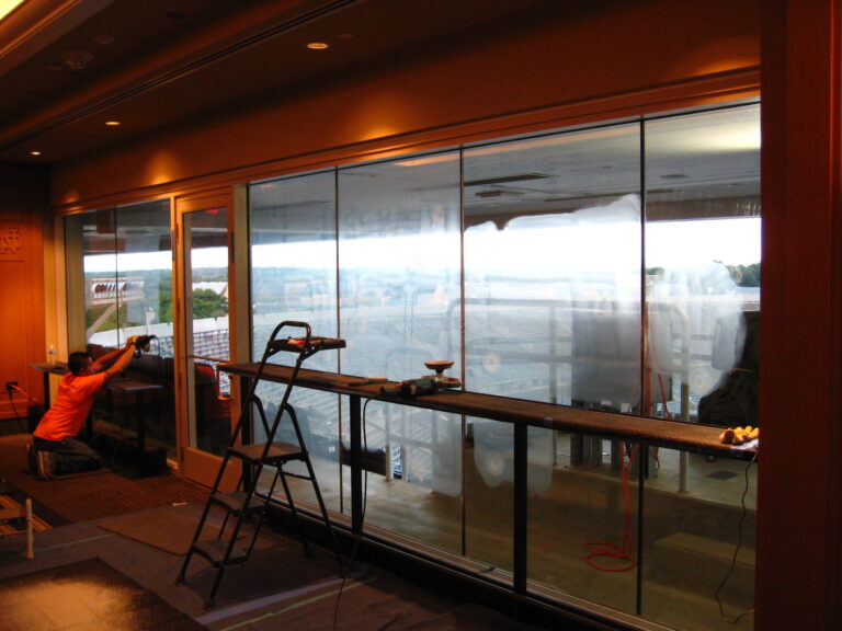 Protection a must. Carpet and granite protection a must on commercial glass restoration projects.